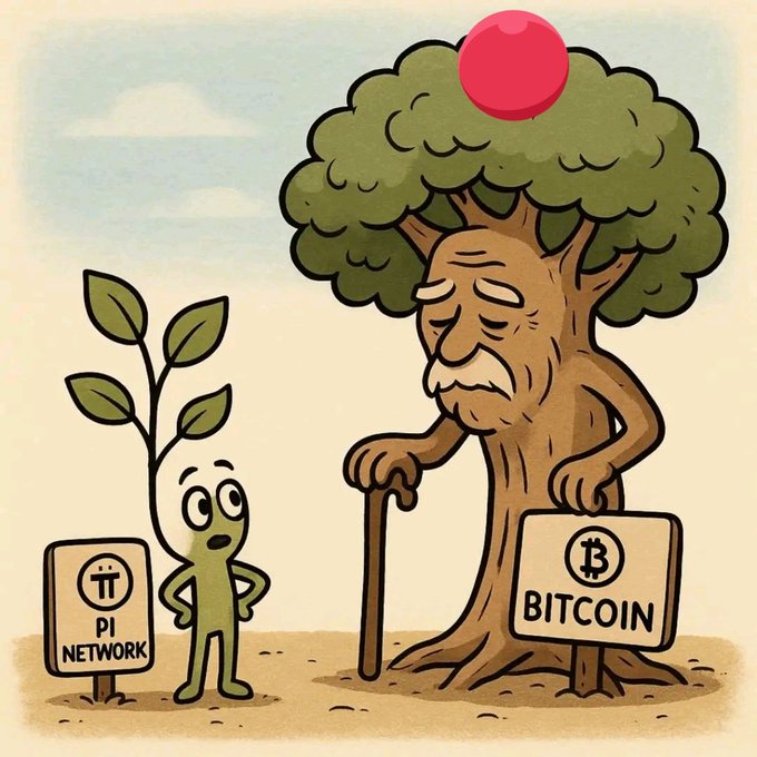 The cartoon shows a young green sapling labeled "Pi Network" standing next to an elderly, wise-looking tree with a "Bitcoin" sign, topped with a red circle, illustrating the post's message that Pi is the early, sprouting stage of what Bitcoin has already grown to become.