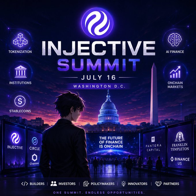 A promotional graphic for the 'Injective Summit' on July 16 in Washington D.C., featuring an anime-style character overlooking the U.S. Capitol building, with icons for topics like Tokenization, AI Finance, Stablecoins, and Onchain Markets, plus sponsor logos including Injective, Circle, Pantera Capital, Franklin Templeton, and Binance US.
