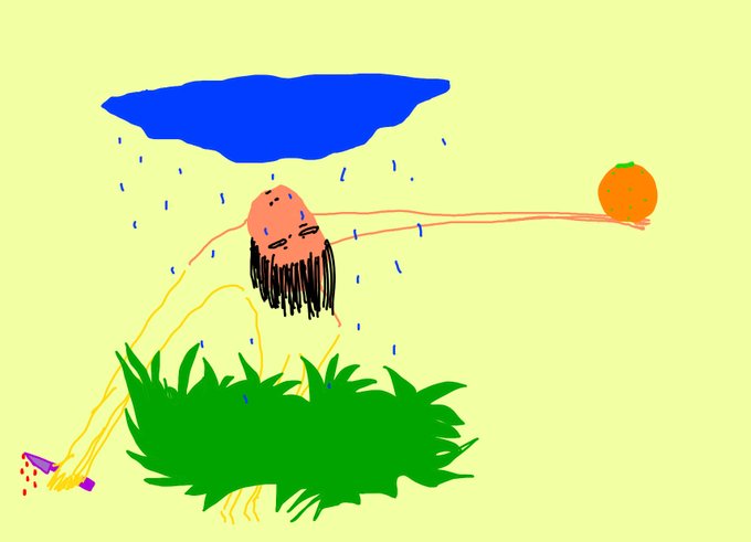 A colorful digital drawing of a figure with long dark hair sitting on green grass under a small blue raincloud, reaching toward an orange.