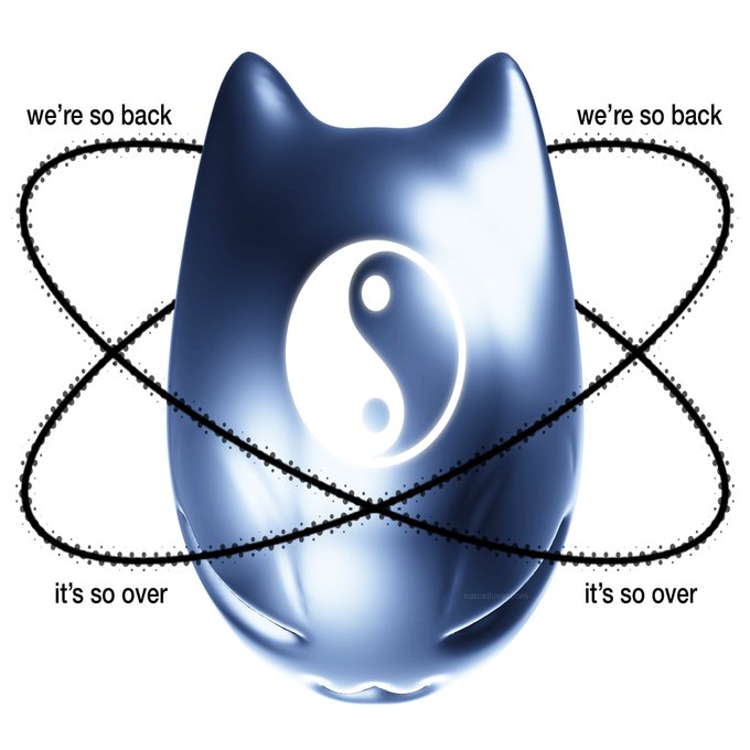 A glossy blue 3D cat-like figurine with a yin-yang symbol on its chest is surrounded by orbital dotted lines and the text 'we're so back' and 'it's so over' in each of the four corners.