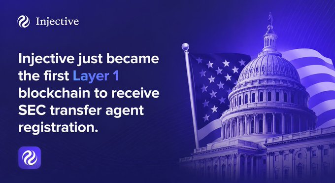 An Injective announcement declaring it the first Layer 1 blockchain to receive SEC transfer agent registration, set against a US flag and the Capitol building.