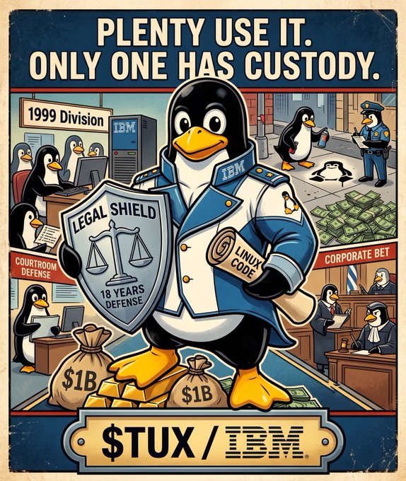 A vintage-style propaganda poster featuring an anthropomorphic penguin in a blue coat holding a "LEGAL SHIELD" and "LINUX CODE" scroll, with text reading "PLENTY USE IT. ONLY ONE HAS CUSTODY.", "1999 Division", "COURTROOM DEFENSE", "CORPORATE BET", and "$TUX/IBM".