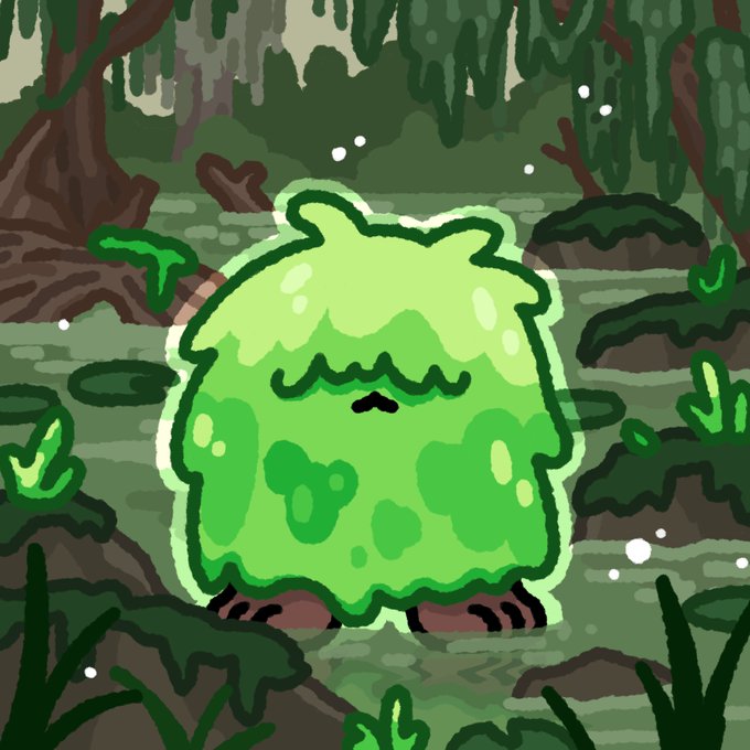 A pixel art illustration of a cute, round green slime-like creature with closed eyes and a small mouth standing in a swampy forest environment.