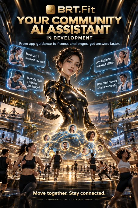 A promotional poster for BRT.Fit's upcoming "Community AI Assistant," featuring a futuristic female AI figure surrounded by speech bubbles answering fitness-related questions like "How can I improve my form?" and "Any beginner workout plans?", with the tagline "Move together. Stay connected." and "Community AI · Coming Soon" — visually aligning with the post's announcement of the AI assistant currently in development.