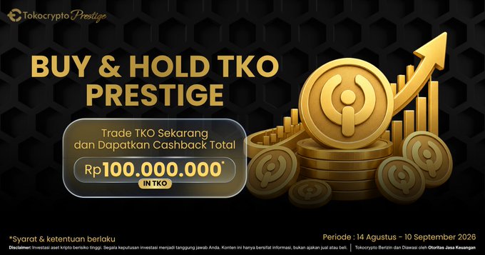 The image is a promotional banner for Tokocrypto's "BUY & HOLD TKO PRESTIGE" campaign, featuring a gold coin stack with an upward trending arrow to symbolize growth. It advertises a total reward of Rp100,000,000 in TKO tokens for traders who buy and hold TKO between August 14 and September 10, 2026, with the Tokocrypto Prestige logo displayed in the top left corner.