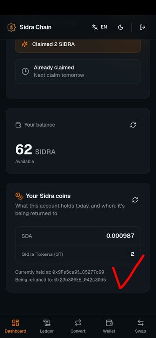 A screenshot of the 'Sidra Chain' app dashboard showing a balance of 62 SIDRA, 0.000987 SDA, and 2 Sidra Tokens (ST), with a red checkmark drawn on the image.