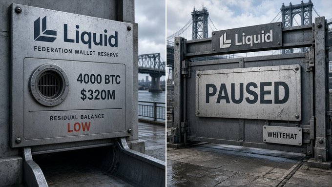 Two images showing a 'Liquid' exchange vault with a 'PAUSED' sign, one panel displaying '4000 BTC / $320M' and 'RESIDUAL BALANCE LOW'.