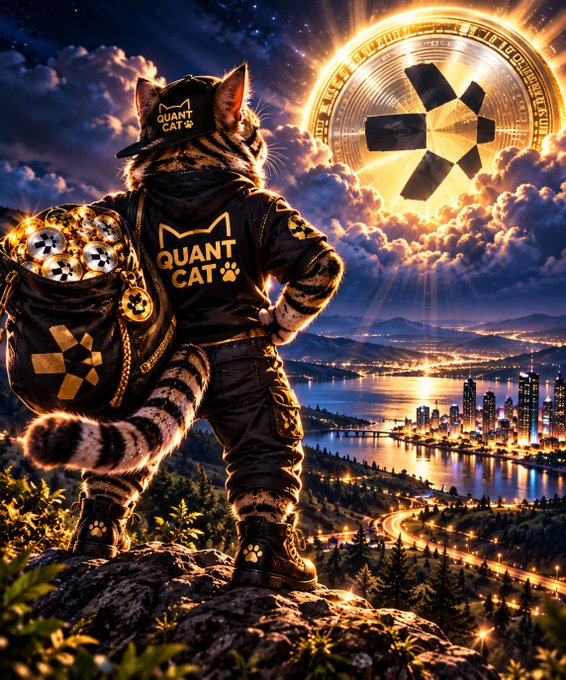 A digital illustration shows a cat wearing a 'QUANT CAT' hoodie and cap, carrying a backpack of XRP coins, overlooking a city at sunset with a large glowing XRP coin in the sky.