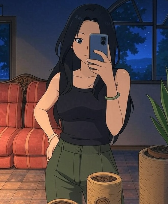 An anime-style illustration of a woman taking a mirror selfie with a smartphone, wearing a black tank top and green pants, in a room with a red sofa and plants.