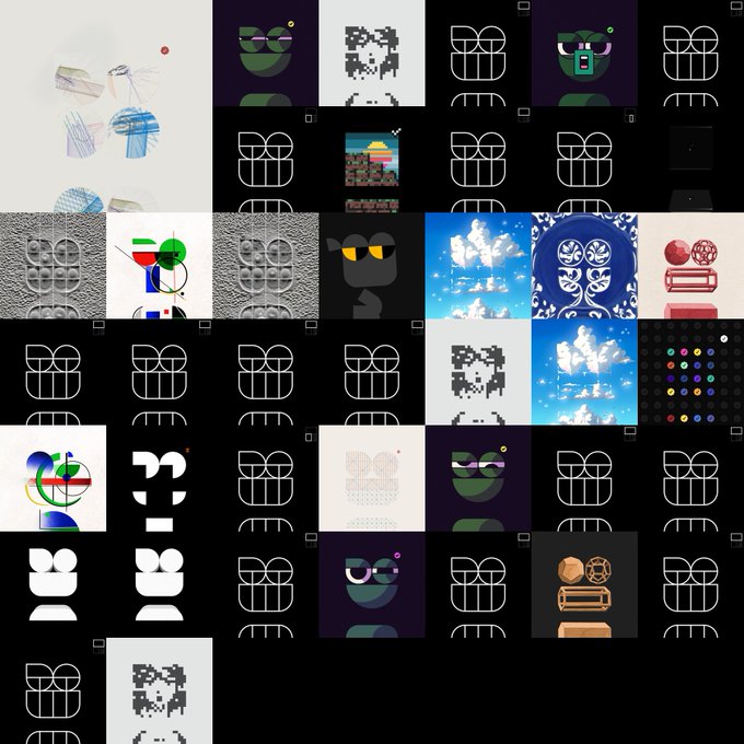 A sparser collection of similar square thumbnails against black backgrounds, primarily showing the recurring stylized half-moon eye face graphic in different colors, along with some abstract shapes, pixel art, and design elements.