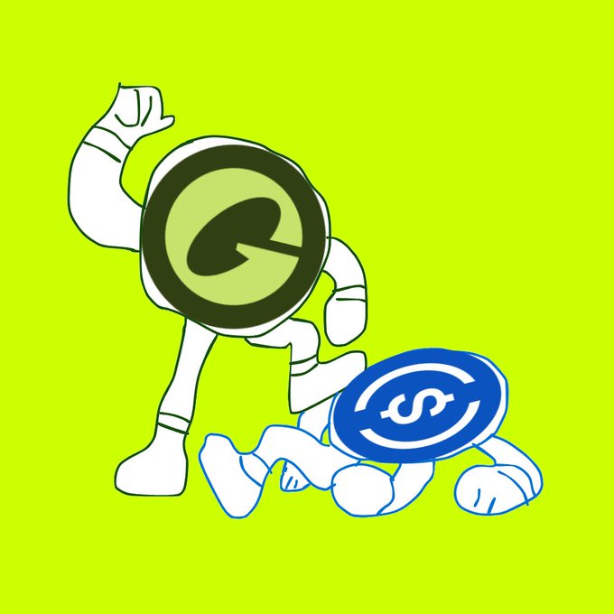 Two cartoon mascots depicting a flexing green circle with an "e" emblem standing triumphantly over a defeated blue circle featuring a "$" symbol, visually representing the "USDG beat USDC" narrative promoted in the accompanying post.
