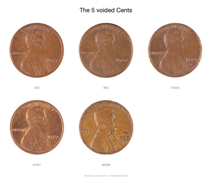 An educational chart titled 'The 5 voided Cents' displays five Lincoln pennies from cents.vision dated 22 September 2026.
