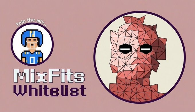 Promotional graphic for the "MixFits Whitelist" collab raffle, featuring a pixel-art blue character with the text "Join the mix..." alongside a polygonal, geometric pink figure, advertising 10 whitelist spots for the MixFits x Late Stage Archetype NFT mint on August 18th.