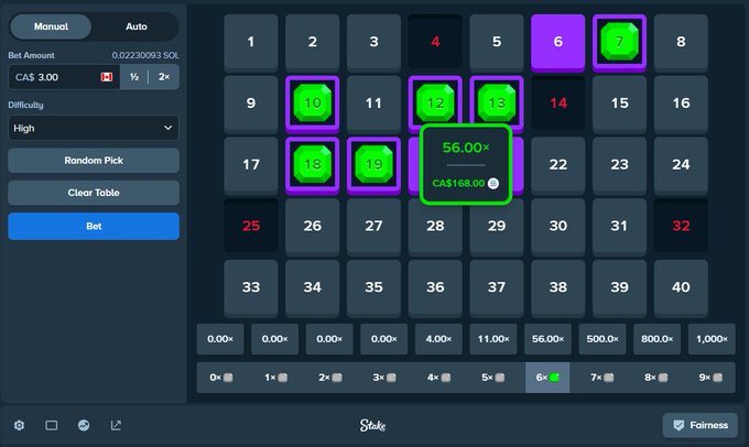 A screenshot of a Stake.com keno betting game showing a 0.02230003 SOL bet on numbers 7, 10, 12, 13, 18, and 19, with a potential payout of CAS168.06 at 56.00× odds—likely being shared by the user to celebrate winning one of their late-night keno followers.
