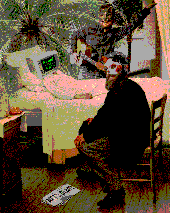 A surreal artwork showing two masked figures in a bedroom, with one playing guitar in the background and another seated in the foreground, with a paper reading 'NFT'S DEAD' on the floor.