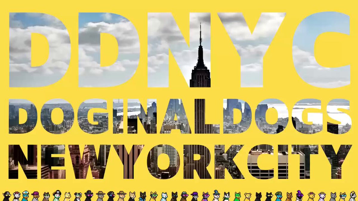 The image features a yellow banner with black text that reads "DDNYC Doginaldogs New York City". Below the banner, there are small images of dogs arranged horizontally across the width of the banner. The text "Pull up for Shibo" is also present in the image.