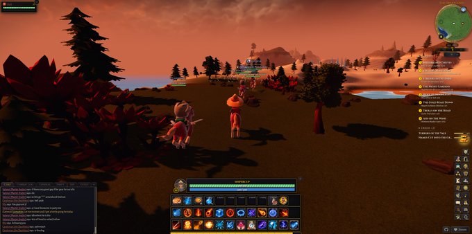 A screenshot from a fantasy video game showing two characters riding mounts across a grassy landscape under a red-orange sky, with various UI elements including a minimap, action bars, and chat visible.