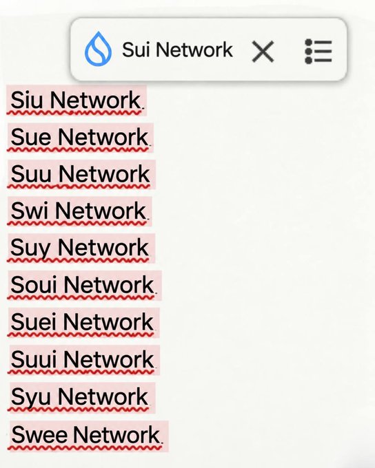 A search bar shows "Sui Network" with a list of misspelled variations below, including "Siu Network," "Sue Network," "Suu Network," "Swi Network," "Suy Network," "Soui Network," "Suei Network," "Suui Network," "Syu Network," and "Swee Network."