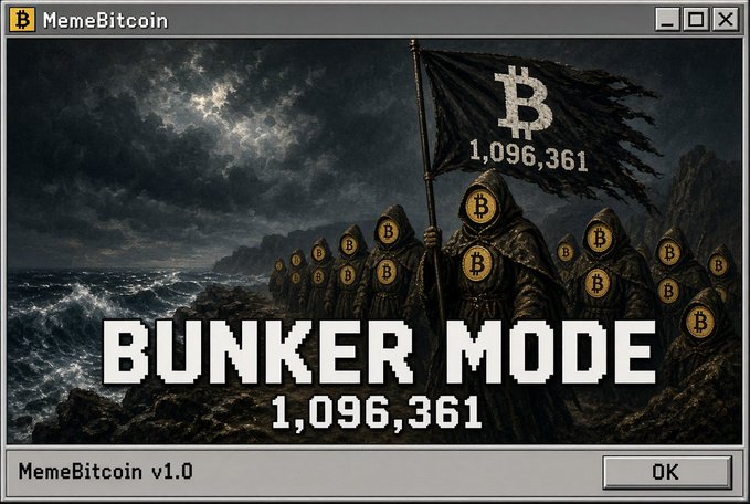 A retro Windows-style dialog box titled 'MemeBitcoin' displays hooded figures with Bitcoin logos and the text 'BUNKER MODE 1,096,361'.