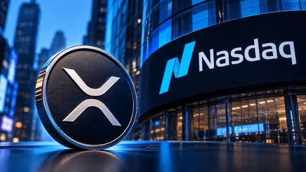 A 3D render showing an XRP cryptocurrency coin in the foreground with the Nasdaq building and logo visible in the background.