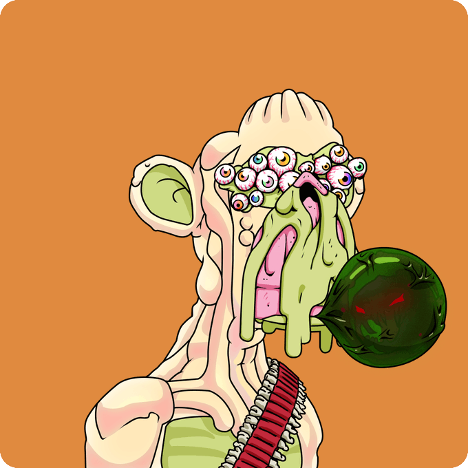 A grotesque cartoon illustration depicts a multi-eyed, skeletal humanoid figure with drooping green slime holding a dark green orb against an orange background.