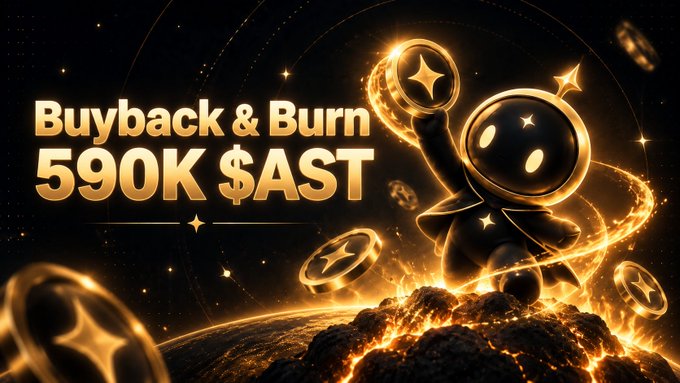 A golden 3D animation of an astronaut-like character holding a glowing star, with large text declaring 'Buyback & Burn 590K $AST' surrounded by floating gold coins.