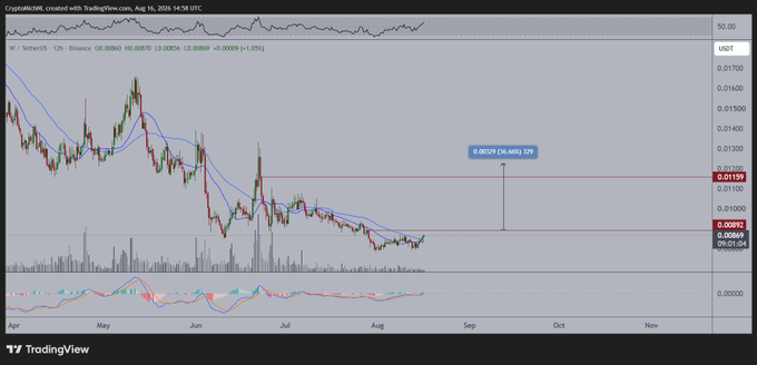 The image shows a TradingView chart for the ticker "W / TetherUS" on Binance with a 12-hour timeframe, displaying price movement that has declined from around $0.017 to the current $0.00867, with horizontal resistance levels marked at $0.0119 and $0.0089. The chart visually supports the post's analysis by illustrating the recent sideways consolidation (grinding) below the $0.0089 resistance line, with potential upside targets near $0.0119 if that level breaks.