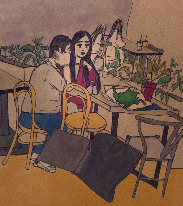 An illustrated scene of a man whispering into a woman's ear while they sit at a restaurant table, with another woman visible in the background and two large black suitcases on the floor.