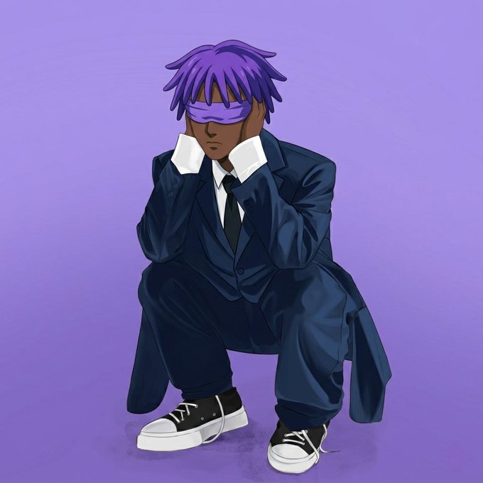 An anime-style illustration of a dark-skinned character with purple hair wearing purple visor sunglasses, a long dark blue trench coat over a shirt and tie, and black and white sneakers, posed sitting with hands together against a purple background.