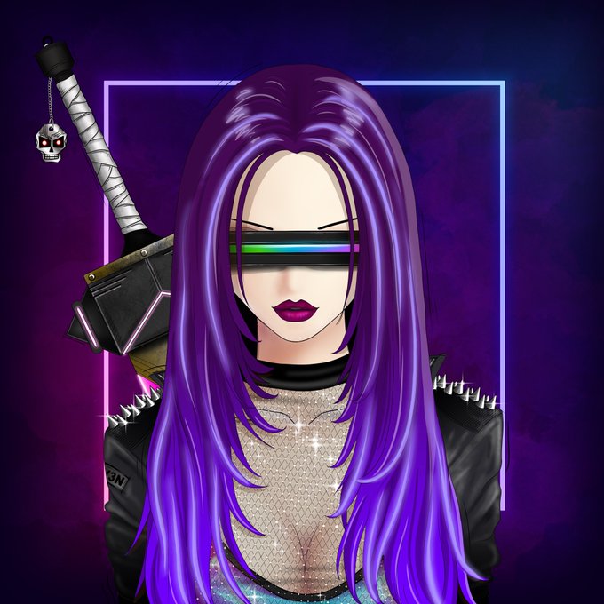 A digital illustration of a woman with long purple hair wearing a neon visor and a spiked leather jacket, with a sword featuring a skull hilt on her back.