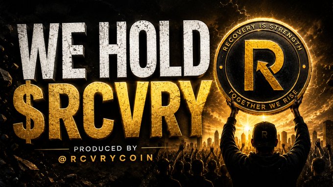 The image features a poster with a person holding up a gold coin that says "We Hold $RCVRY" above their head, along with an image of a city skyline. The text "Recover Your Strength" is also present on the poster.