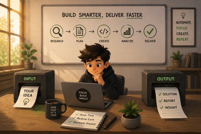 A cartoon illustration of a young man working on a laptop at a desk, with a whiteboard behind him showing the workflow 'RESEARCH → PLAN → CREATE → ANALYZE → DELIVER' under the heading 'BUILD SMARTER, DELIVER FASTER'. Two machines labeled 'INPUT' (YOUR IDEA) and 'OUTPUT' (SOLUTION, REPORT, INSIGHT) flank him on the desk.