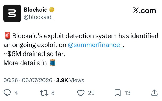 The image shows a tweet from Blockaid (@blockaid_) dated 06/07/2026 announcing that their exploit detection system identified an ongoing exploit on Summer Finance (summerfinance_), with approximately $6M drained so far. This relates to the accompanying post questioning whether the frequent hacks of DeFi protocols might be inside jobs.