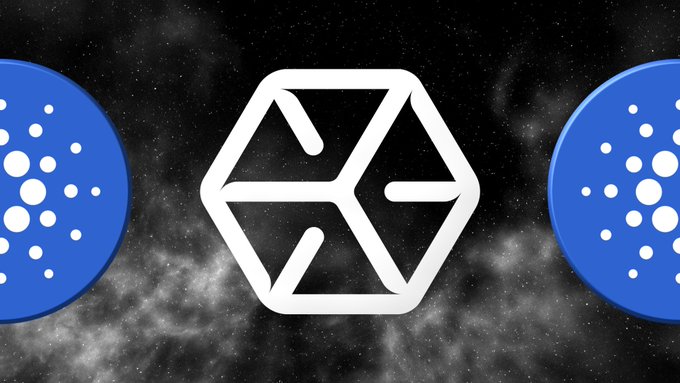 A hexagonal logo sits between two blue Cardano (ADA) coin emblems against a starry cosmic background, visually representing Everstake's bullish commentary on Cardano's expanding holder base and the potential of the $ADA token.