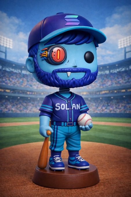 A Funko Pop-style figurine of a blue-skinned baseball player wearing a 'SOLAN' jersey, with a glowing red robotic eye, stands on a base holding a bat and baseball on a stadium field.