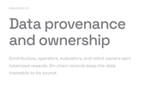 A webpage header titled 'Data provenance and ownership' with text about contributors, operators, evaluators, and robot owners earning tokenized rewards through on-chain records.