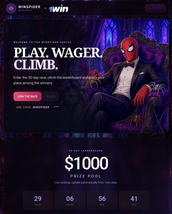 A promotional webpage for 'WINSPIDER REWARDS x 1win' featuring a Spider-Man character in a tuxedo sitting on a throne with the text 'PLAY. WAGER. CLIMB.', a '$1000 PRIZE POOL' for a 30-day leaderboard, and a countdown timer.