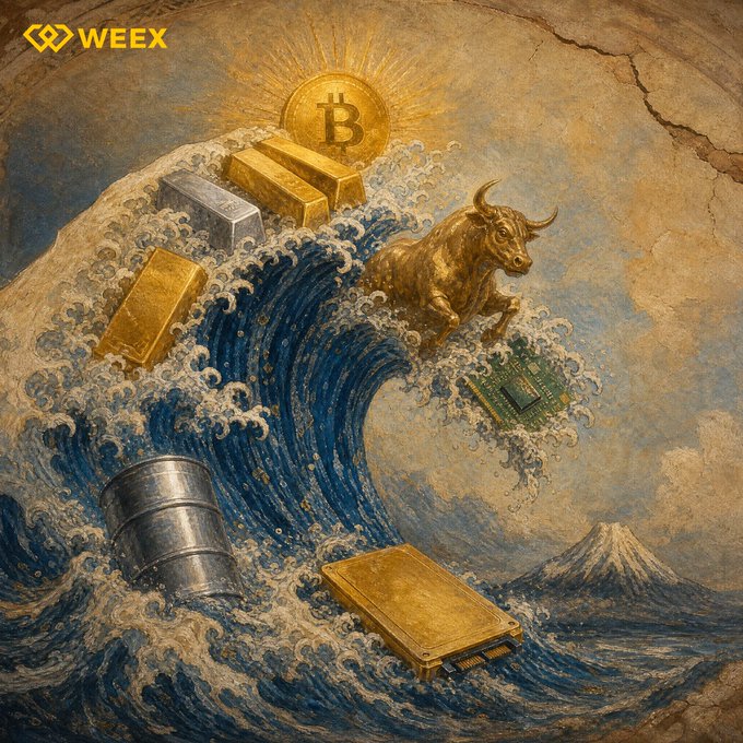 The image is a Hokusai-style painting parodying "The Great Wave off Kanagawa," featuring a massive wave carrying gold bars, silver bars, an oil barrel, a microchip, and a golden Bitcoin bull charging through the swell, with the "WEEX" logo in the top corner. The post's message about "waves" and "trust" ties in metaphorically—suggesting that even turbulent market waves can't topple the mountains of trust (and wealth) built through enduring assets like Bitcoin, precious metals, and technology.