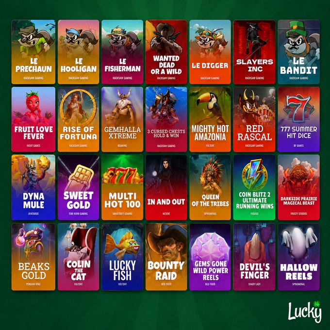 A promotional grid for 'Lucky' featuring 28 various Hacksaw Gaming slot thumbnails including 'Le Prechaun', 'Wanted Dead or a Wild', 'Le Bandit', 'Fruit Love Fever', and others.