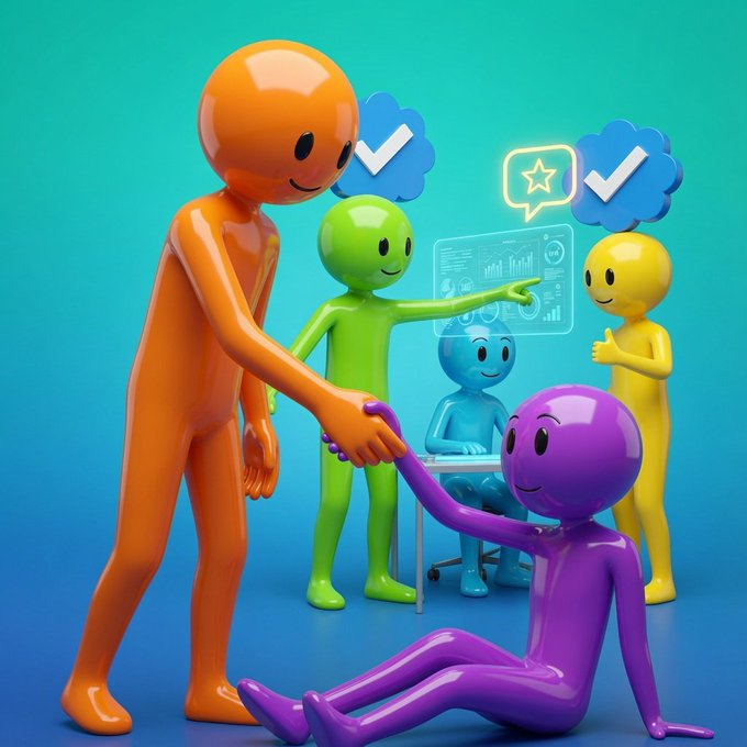 A 3D illustration of colorful cartoon figures (orange, green, blue, yellow, purple) interacting on a teal background, with the green figure pointing at a data screen and checkmark thought bubbles visible.