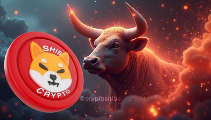 A powerful bull emerges from fiery clouds beside a red "SHIB CRYPTO" coin featuring a Shiba Inu dog, visually symbolizing the shift from skepticism to an upcoming bullish rally for $SHIB.
