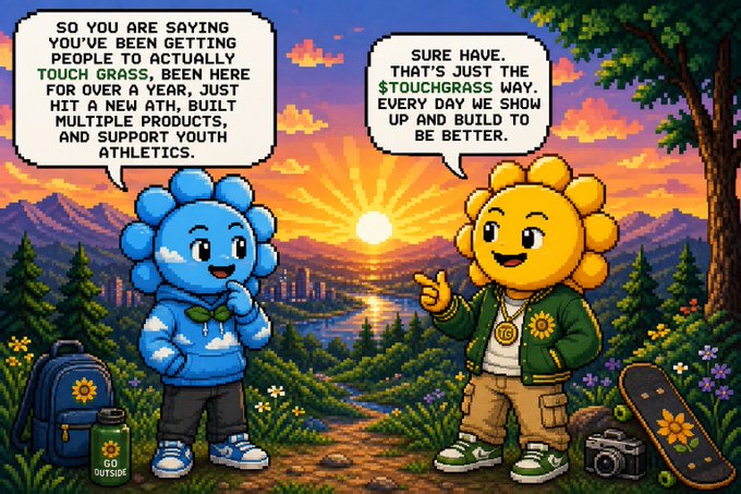 A comic-style illustration shows two anthropomorphic flower characters—one blue and one yellow—in a sunset landscape, with the blue character asking in a speech bubble about 'touch grass' and building, while the yellow one responds that it's '$TOUCHGRASS way' and 'every day we show up and build to be better.'