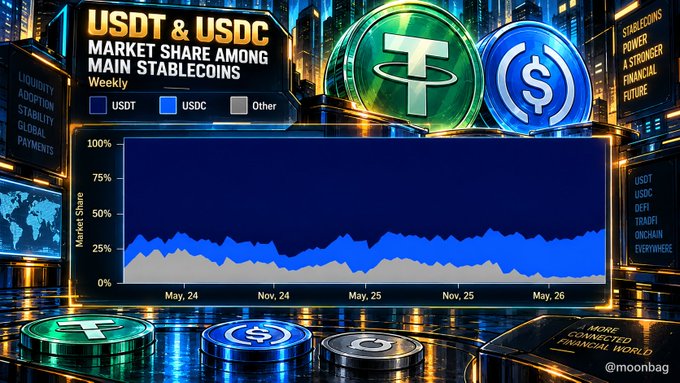 The image is a stylized infographic titled "USDT & USDC MARKET SHARE AMONG MAIN STABLECOINS," displaying a stacked area chart that tracks the weekly market share of USDT (teal), USDC (blue), and Other stablecoins (gray) from May 2024 through May 2026, with the y-axis showing market share percentages from 0% to 100%. The chart visually reinforces the post's message that USDT and USDC together dominate roughly 94% of stablecoin supply, as the combined teal and blue bands consistently occupy the vast majority of the chart while the gray "Other" category remains a thin sliver near the bottom despite numerous challengers like USDe, DAI, FDUSD, ONCHAIN, and ETHERFI BASE appearing on the right sidebar. Decorative 3D renderings of Tether (T) and USDC coin logos frame the chart, alongside the slogans "LIQUIDITY ADOPTION STABILITY GLOBAL
