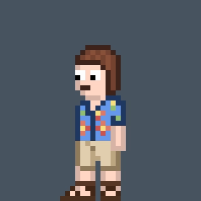 The image features a man depicted as a pixel art character, wearing a blue shirt with yellow flowers and brown shorts. He has a mustache and appears to be standing against a dark background. The caption "Gm Pixel art on Ethereum hits different." suggests that this artwork is part of an Ethereum-based project or platform.