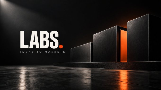 The image features a sleek, dark promotional banner with the text "LABS. IDEAS TO MARKETS" on the left, alongside dramatic black monolith structures illuminated by a warm orange glow on the right. This visually reinforces the post's message about LABS being more than just an NFT project—presenting it as a sophisticated, structured platform building financial products and programmable baskets, with the imposing geometric architecture symbolizing the foundation and infrastructure they're constructing on top of Quotrons liquidity.