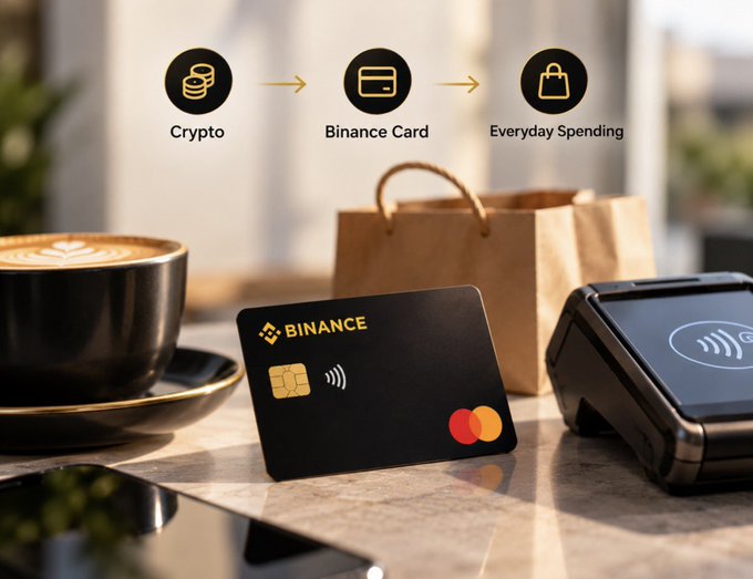 A black Binance credit card sits on a marble counter between a latte and a contactless payment terminal, illustrating the post's message about bridging crypto holdings to real-world purchases—as shown by the icons above: "Crypto → Binance Card → Everyday Spending."