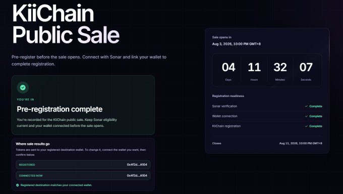 The image displays a "KiiChain Public Sale" pre-registration confirmation page showing a completed registration status, a countdown timer of 04 days, 11 hours, 32 minutes, and 07 seconds until the sale opens on Aug 3, 2026, and the destination wallet address 0x4f26...a304.

The image reinforces the post's message by presenting KiiChain's polished pre-sale registration interface, suggesting the project is actively preparing for a public token sale rather than dismissing it—a visual counterpoint to the claim that the project is being "poured cold water" on.