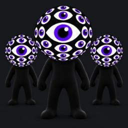 A surreal 3D render of three humanoid figures with black bodies and spherical heads covered in purple and white eyeball patterns, with the central figure being the largest.