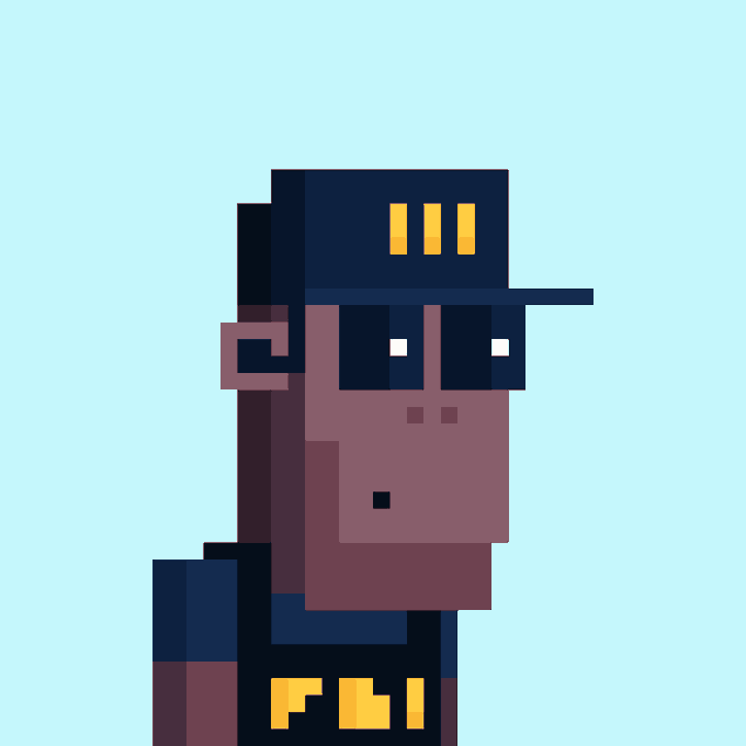 A pixel art illustration of a person wearing a dark cap with yellow stripes and an FBI-emblazoned uniform against a light blue background.
