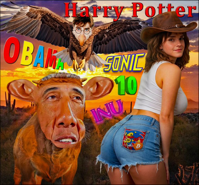 A surrealist meme collage featuring 'Harry Potter' text, an eagle with Harry Potter's face, 'OBAMA' text, a distorted Obama-cow hybrid, 'SONIC 10' text, and a woman in denim shorts with Sonic imagery in a desert sunset.